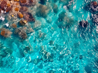 Fototapeta premium Green and blue ocean background. Sea surface aerial view, Bird eye view photo of waves and water surface texture. Top view. Ai Generative illustration