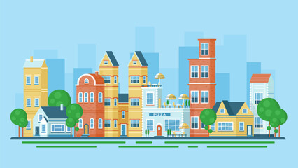 Fototapeta premium City landscape vector illustration. Cartoon urban cityscape with buildings exterior and trees, windows and doors in old colorful houses, Italian pizza cafe and shops on European summer street