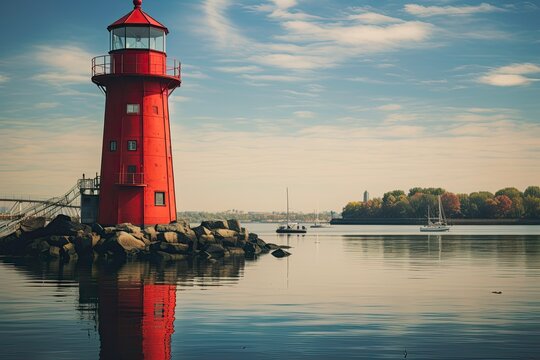 Little Red Lighthouse standing tall in the heart of New York city's iconic park amidst the scenic blue waters and historic landscape: Generative AI