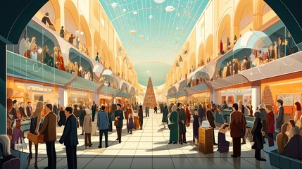 Mall Shoppers Come Together for Christmas Sale - A Bustling Alleyway in the Shopping Center with Businessmen Tied-Up with Deals: Generative AI
