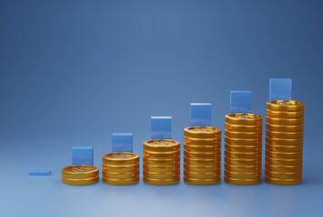 gold coin stacking with graph 3D render minimal background for business concept financial, banking and investment with money growth success.