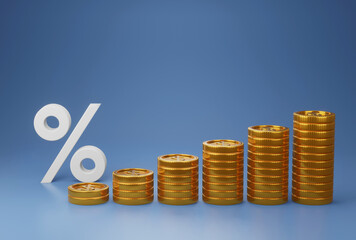 gold coin stacking with percent sign 3D render minimal background for business concept financial, banking and investment with money growth success.