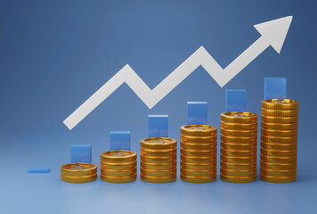 gold coin stacking with graph 3D render minimal background for business concept financial, banking and investment with money growth success.