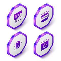 Set Isometric Advertising, Browser window, Diamond and Target financial goal icon. Purple hexagon button. Vector