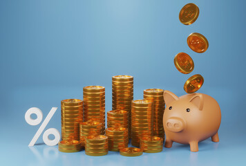 piggy bank with gold coin stacking and falling 3D render minimal background for business concept financial, banking and investment with money growth success.