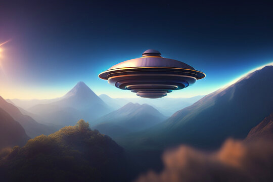 UFO flying over planet Earth, mountain. starry night sky background. saucer flies at night in sky. Invasion of extraterrestrial intelligence on an intergalactic ship. Alien abduction. Generative AI