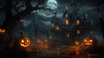 Spooky Halloween Backdrop Wallpaper. Digital Illustration. Generative AI.