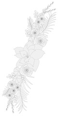 Black and white flowers, buds and leaves composition vector illustration