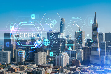 San Francisco skyline from Coit Tower to Financial District and residential neighborhoods, California, US. GDPR hologram, concept of data protection regulation and privacy for all individuals