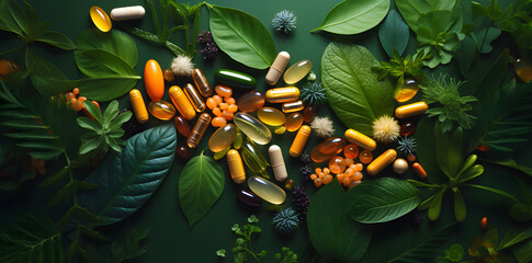 Nature's Bounty: Herbs and Vitamin Supplements on Green Leafs - AI-Generated - obrazy, fototapety, plakaty