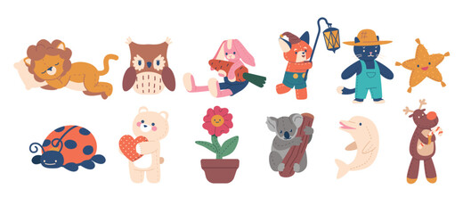 Set Plush Toys Lion, Owl, Rabbit And Fox. Cat, Star, Lady Bug And Bear With Heart. Flower In Pot, Koala, Deer, Dolphin