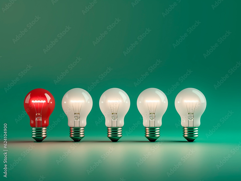Poster A row of 5 white light bulbs, capturing attention with one distinct bulb glowing in red. Symbolic of the significance of differentiation and the power of choice. The concept of Idea. AI generative.