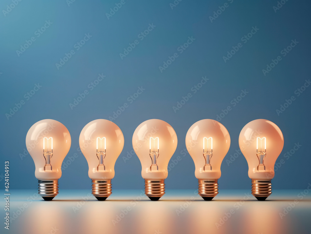Poster A row of glowing white light bulbs, capturing attention with symbolic power of choice. The concept of Idea. AI generative.
