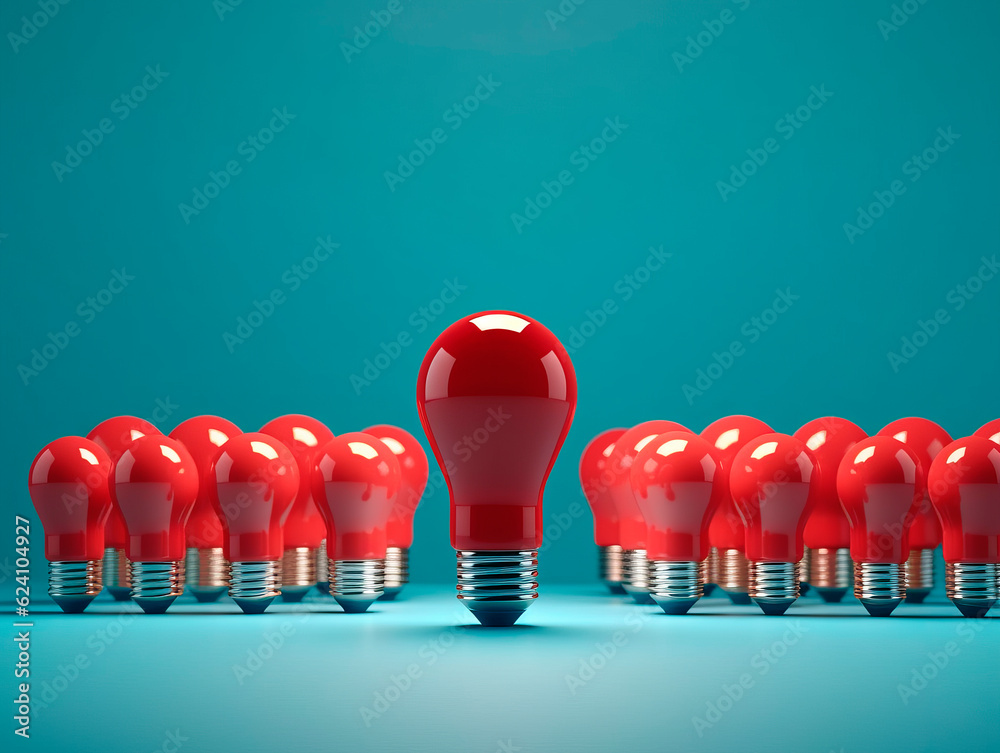 Poster Many red light bulbs, capturing attention with one distinct huge bulb in the middle. Symbolic power of choice. The concept of Idea and Leadership. AI generative.