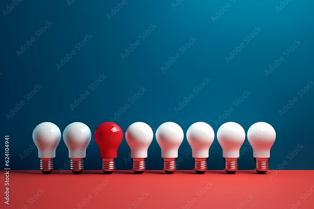 Poster A row of many white light bulbs, capturing attention with one distinct bulb glowing in red. Symbolic of the significance of differentiation and the power of choice. The concept of Idea. AI generative.