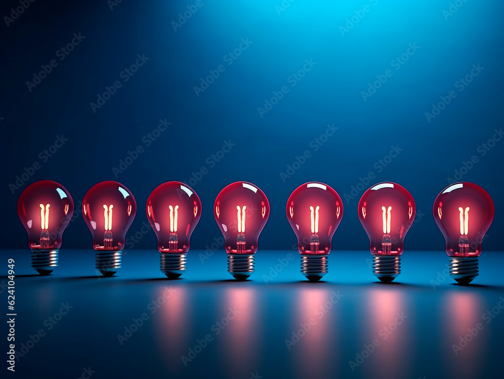 Poster A row of glowing red light bulbs, capturing attention with symbolic power of choice. The concept of Idea. AI generative.