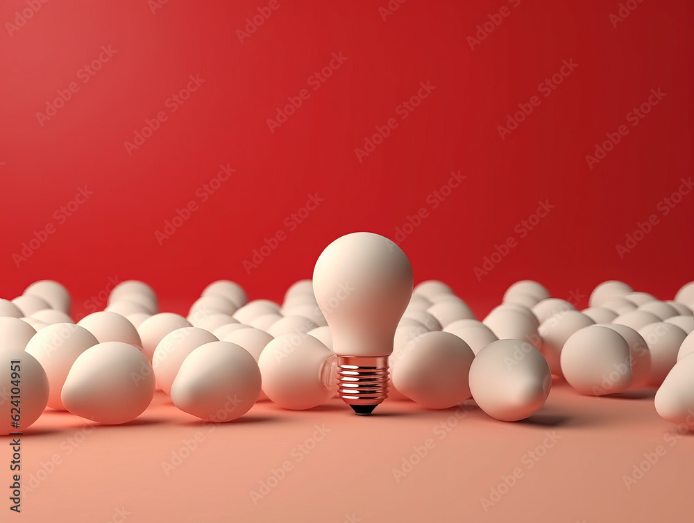 Poster many white light bulbs, capturing attention with one distinct huge bulb in the middle. symbolic powe
