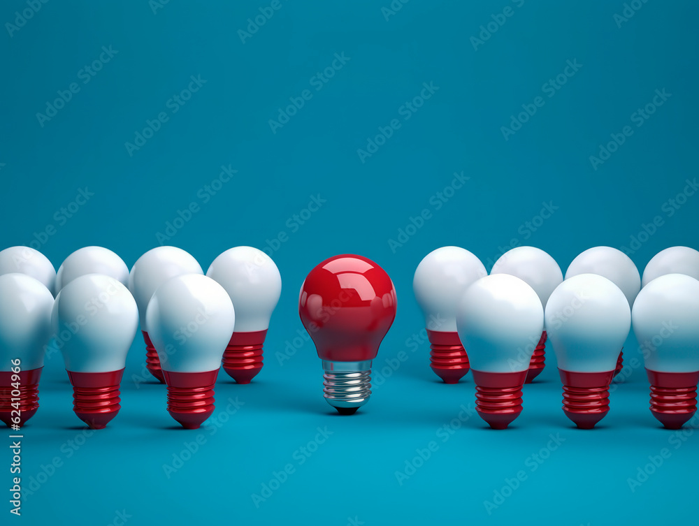 Poster A row of many white light bulbs, capturing attention with one distinct bulb glowing in red. Symbolic of the significance of differentiation and the power of choice. The concept of Idea. AI generative.