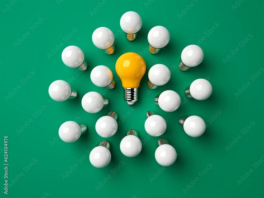 Poster Many white light bulbs, capturing attention with one distinct bulb glowing in yellow. Symbolic of the significance of differentiation and the power of choice. The concept of Idea. AI generative.