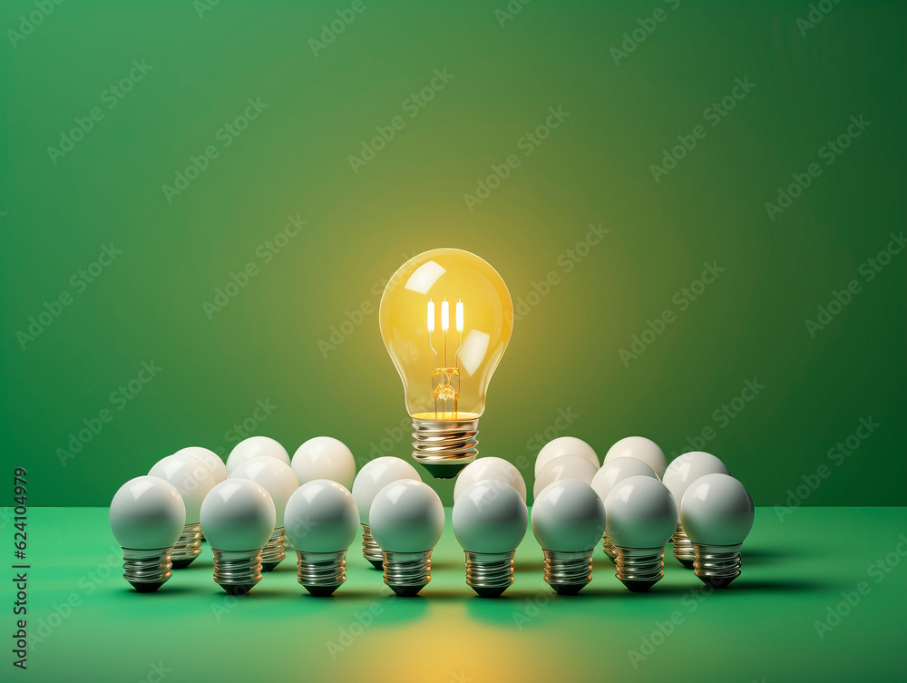 Poster Many white light bulbs, capturing attention with one distinct bulb glowing in yellow. Symbolic of the significance of differentiation and the power of choice. The concept of Idea. AI generative.
