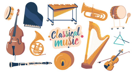 Set of Classical Musical Instruments. Tambourine, Grand Piano, Xylophone and Trumpet. Drum, Cello and Pipe with Plates