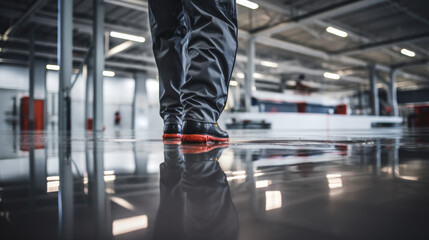 The worker applies gray epoxy resin to the new floor