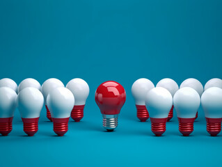 A row of many white light bulbs, capturing attention with one distinct bulb glowing in red. Symbolic of the significance of differentiation and the power of choice. The concept of Idea. AI generative.