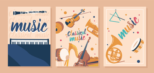 Banners with Classical Music Instruments Violin, Clarinet, Cello and Harp. Drum, French Horn or Tambourine with Piano