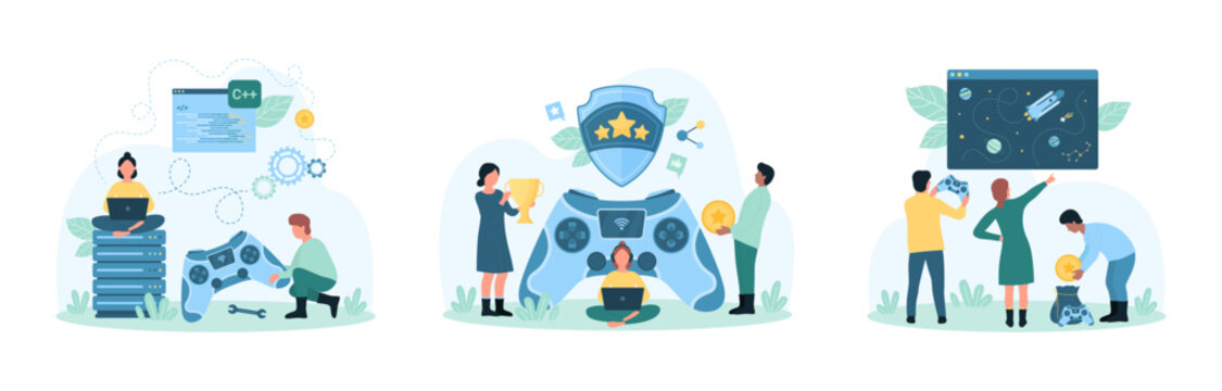 Game development, gamification and esport competition set vector illustration. Cartoon tiny people play video game with gamepad, developers programming and coding digital world and gaming process