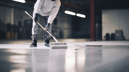 The worker applies gray epoxy resin to the new floor