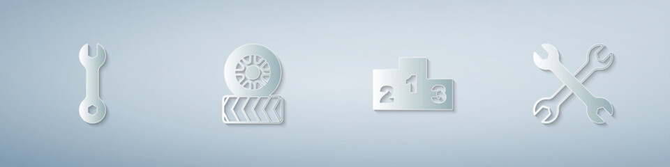 Set Wrench spanner, Car tire wheel, Award over sports winner podium and . Paper art style. Vector