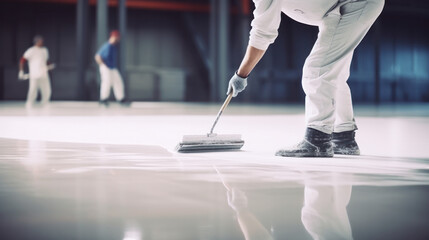 The worker applies gray epoxy resin to the new floor