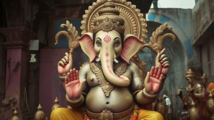 Fototapeta premium Happy Ganesh Chaturthi greetings card. Bright background for Ganesh Chaturthi Hindu festival celebrated in India to honor Lord Ganesha, the elephant-headed deity
