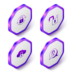 Set Isometric Lock, Open padlock, Cloud computing and icon. Purple hexagon button. Vector