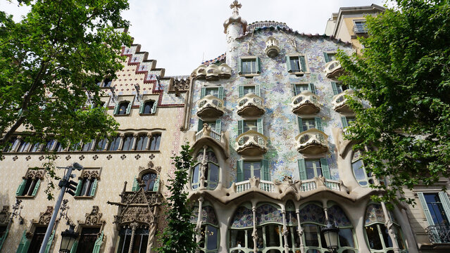 Barcelona, Spain - May 23 2023: The facade of the house Casa Battlo The house was designed by Antoni Gaudi