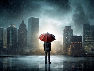 Businessman is standing on the rooftop under umbrella. Rainy weather. skyscrapers city view background. Concept of business protection. Ai Generative illustration.