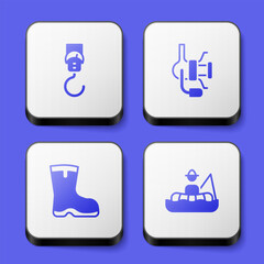 Set Spring scale, Spinning reel for fishing, Fishing boots and Fisherman boat icon. White square button. Vector