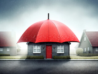 Home Insurance Concept. The House under umbrella. Protection from rain symbolizes the coverage offered by the insurance company. Ai Generative. - 624105745