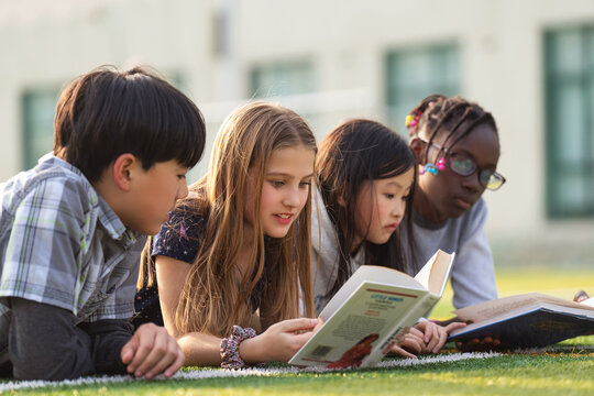 Lovely pupils on reading on the grass
