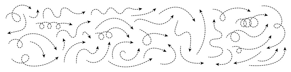 Thin curved dotted arrow. Zigzag arrow stripes design with dotted lines. Thin arrows. Vector illustration.