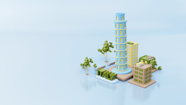 3d illustration pisa tower as landmark with green space area and Italy city view