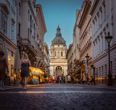 Budapest Hungary cobblestone path leading to a church in the city center