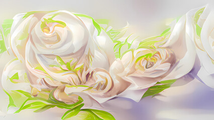White rose border for wedding decoration. Soft and elegant floral rose background for weddings and other love greeting cards. AI-generated digital illustration, horizontal format.