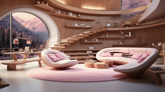 futuristic gaming setup, modern room incorporating wood and the white and pink colors