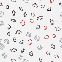 Set line Taco with tortilla, Fish, Plate, fork and knife and Lemon on seamless pattern. Vector