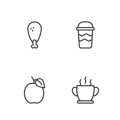 Set line Bowl of hot soup, Plum fruit, Chicken leg and Coffee cup to go icon. Vector