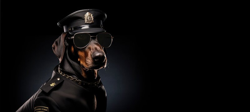 Mean looking Doberman Pinscher working as a security officer or cop, wearing police hat, sunglasses and uniform shirt. Guarding dog concept. Wide banner copy space for text on side. Generative AI