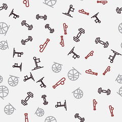Set line Flag, Dumbbell, Basketball ball and Baseball bat with on seamless pattern. Vector