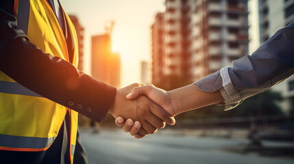 A strong handshake of builders on the street under the scorching sun