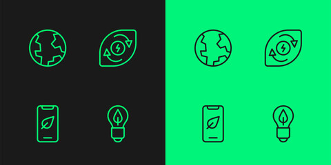 Set line Light bulb with leaf, Mobile phone, Earth globe and Water energy icon. Vector